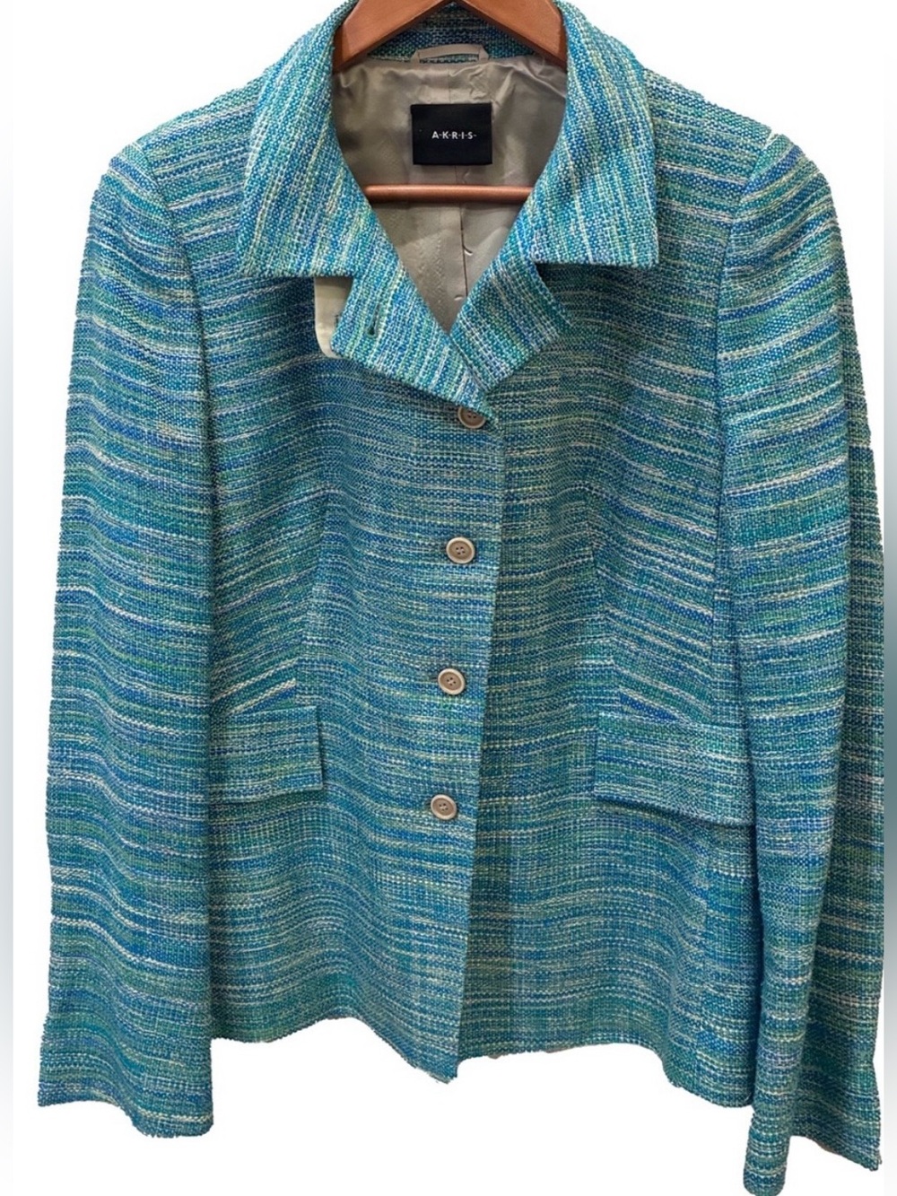 Akris 100% Silk Tweed Blazer Jacket Convertible Collar Size 10